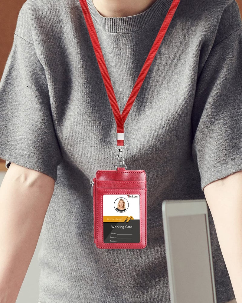 Teskyer Badge Holder with Side Zip Pocket, Multiple Card Slots Leather ID Holder Wallet with Neck Lanyard for Office Staffs, Teachers/Students, Couriers, Workers, Red - Image 2